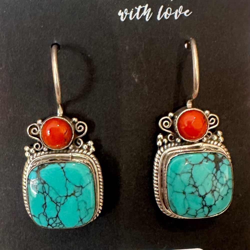 Turquoise and Red Stone Earrings